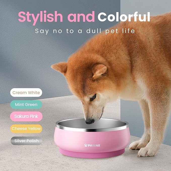 Pawaii Dog Bowl, 34 oz Double-Wall Stainless Steel Food and Water Bowl, Non-Slip Rubber Base, Dishwasher Safe, ID Tag Included, (1 Pack)