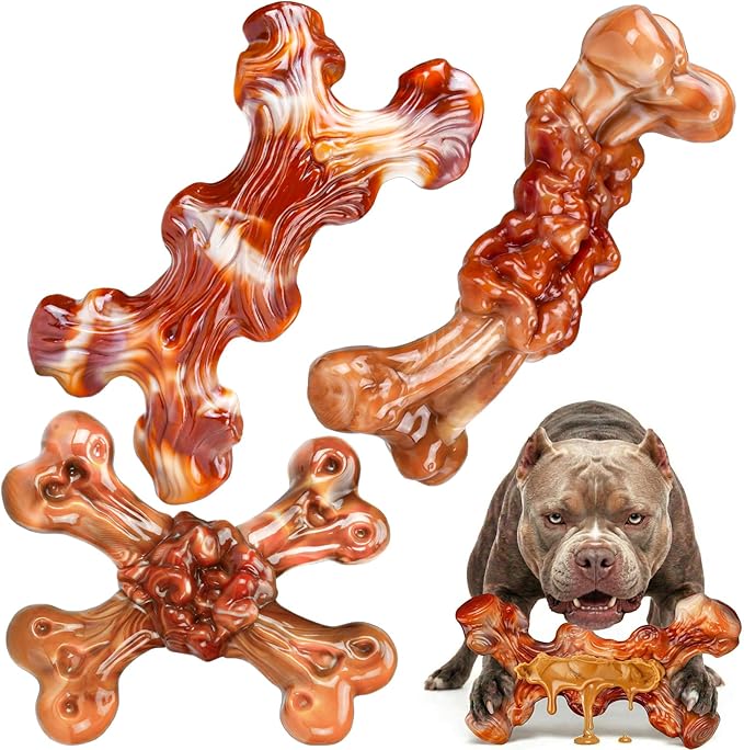 3 Pack Indestructible Dog Toys for Aggressive Chewers, Bacon Flavored Nylon Chew Bones, Tough Durable for Large Dogs 20-90 lbs