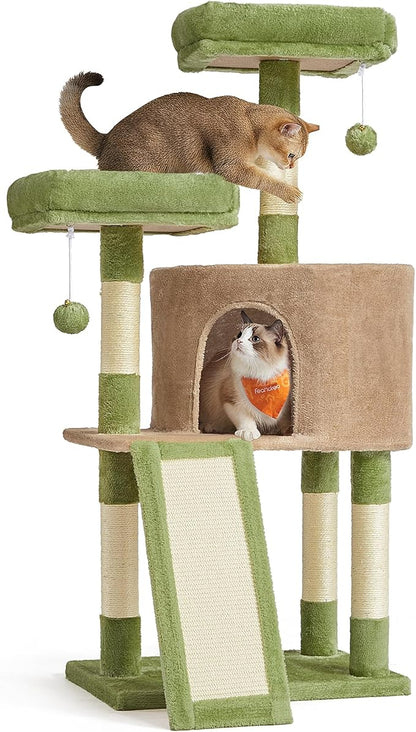 Feandrea Cat Tree, 45.3-Inch Cat Tower, Plush Condo with Scratching Post, Ramp, Perch, Spacious Cave, for Small Space, Grass Green and Camel Brown UPCT141CB03