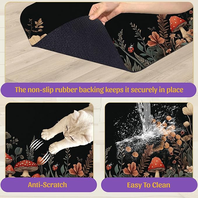 Vintage Mushroom Flower Pet Feeding Mat, Absorbent Dog Cat Bowl Pad, Fast Dry, Waterproof Rubber Back – 16x24 Inch