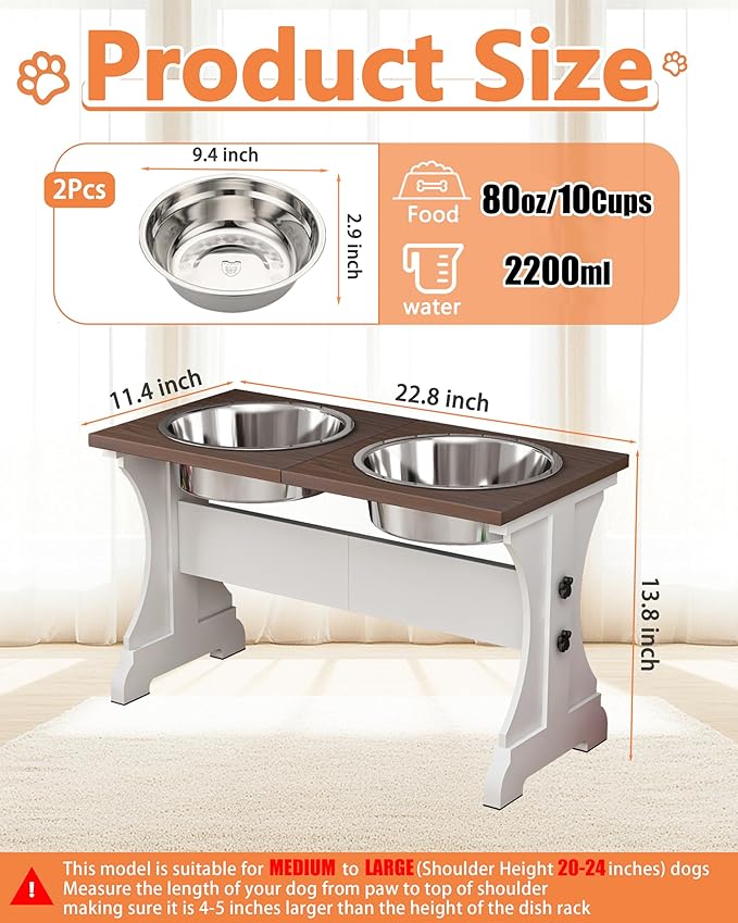 Piskyet Elevated Dog Bowls,Farmhouse Dog Bowls Stand, Raised Dog Bowl with 2 Stainless Steel Wooden Dogs Bowls 9 Cups 13.8''H_80 oz Bowl-Farmhouse Style
