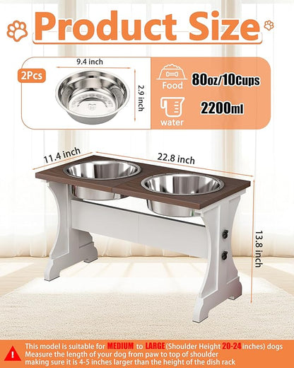 Piskyet Elevated Dog Bowls,Farmhouse Dog Bowls Stand, Raised Dog Bowl with 2 Stainless Steel Wooden Dogs Bowls 9 Cups 13.8''H_80 oz Bowl-Farmhouse Style