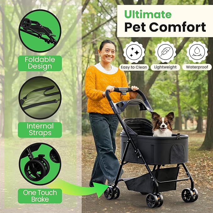 Pet Stroller 3 in 1 Foldable Dog Stroller, Cat Strollers, Foldable pet Strollers & Cat Carrier, Pet Carrier, Lightweight with Cup Holder, Waterproof & Breathable Mesh Canopy
