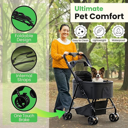 Pet Stroller 3 in 1 Foldable Dog Stroller, Cat Strollers, Foldable pet Strollers & Cat Carrier, Pet Carrier, Lightweight with Cup Holder, Waterproof & Breathable Mesh Canopy
