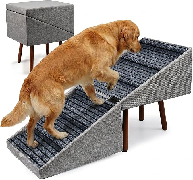 Dog Stairs for High Bed,2-in-1 Ottoman Dog Stairs,21 Inch Working Height, 6 Steps and Non-Slip Design for Large Dogs,Wooden Dog Furniture(Gray XXL 21.6" H)