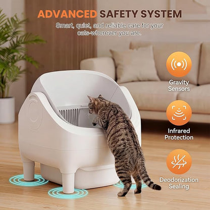 Self Cleaning Cat Litter Box, Greesum Automatic Open-Top Smart Litter Box with App Control, 15L Odor-Sealed Waste Bin, Quiet 35dB, Safety Sensors for Large Cats & Multi-Cat Homes