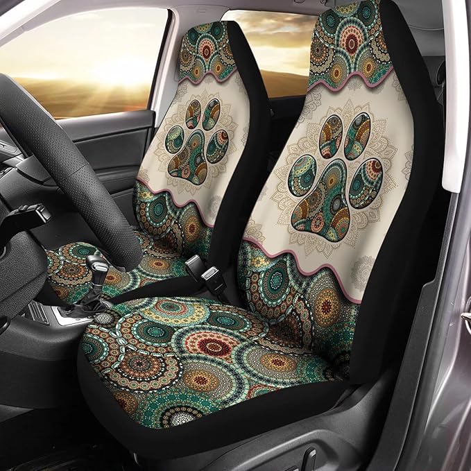Universal Bucket Seats Cover Protector, 2 PCS Colorful Green Boho Mandala Dog Paw Print Waterproof Durable Auto Interior Accessory for Car Truck SUV