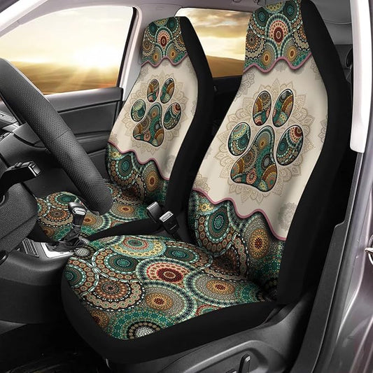 Universal Bucket Seats Cover Protector, 2 PCS Colorful Green Boho Mandala Dog Paw Print Waterproof Durable Auto Interior Accessory for Car Truck SUV