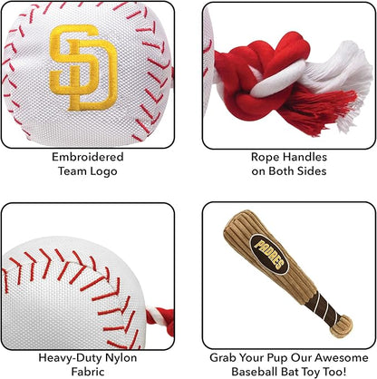MLB SAN DIEGO PADRES Baseball Rope Toy for DOGS & CATS. Tough nylon, Sporty Baseball Design, Heavy-duty ropes with Inner SQUEAKER