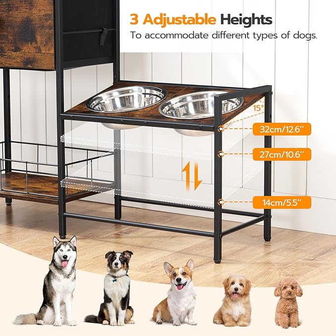 HOOBRO Raised Dog Bowls, Elevated Dog Bowl Stand with 3 Heights Adjustable, 2 Stainless Steel Bowls for Large Medium Breeds, Dogs Feeding Station with Storage, Rustic Brown and Black BF22PO03