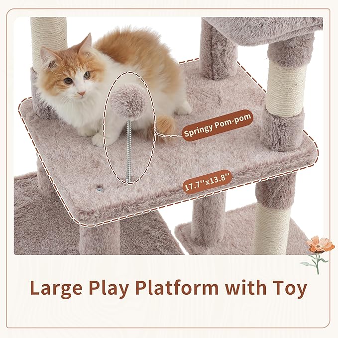 Cat Tree for Indoor Cats, 55.1 inch Cat Tower with 7 Sisal Scratching Posts, Multi-Level Cat Condo wit Large Play Platform Furry Ball, Cat Cave, 2 Padded Perches, Basket, Mushroom GCT013MU