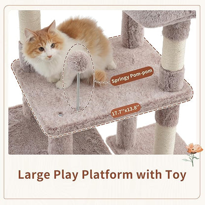 Cat Tree for Indoor Cats, 55.1 inch Cat Tower with 7 Sisal Scratching Posts, Multi-Level Cat Condo wit Large Play Platform Furry Ball, Cat Cave, 2 Padded Perches, Basket, Mushroom GCT013MU