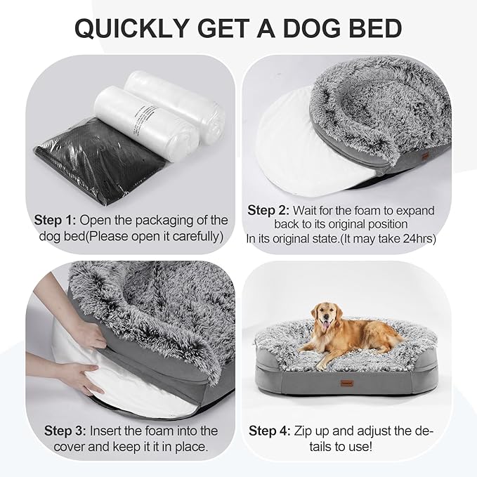 Fluffy 3.7 inch Thickened Orthopedic Dog Beds for Extra Large Dogs, Supportive Dog Sofa Bed with 28D Egg-Crate Foam, Removable Washable Cover, Waterproof Lining, Cozy Oval Design,Grey