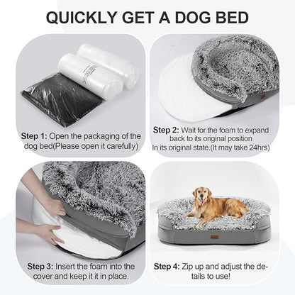 Fluffy 3.7 inch Thickened Orthopedic Dog Beds for Extra Large Dogs, Supportive Dog Sofa Bed with 28D Egg-Crate Foam, Removable Washable Cover, Waterproof Lining, Cozy Oval Design,Grey