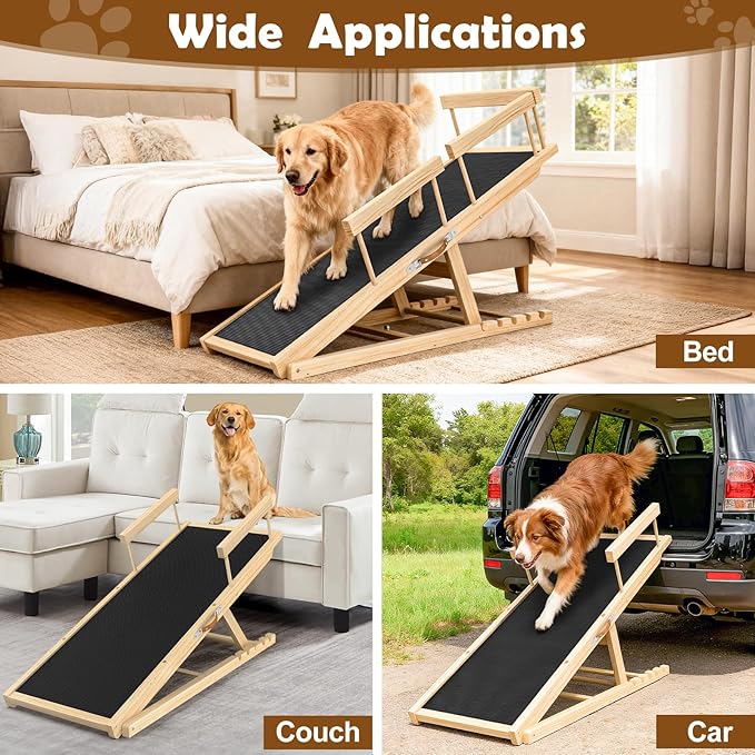 55.11" Adjustable Dog Ramp for Bed - Upgraded Wooden Pet Ramp with Non-Slip Silicone Surface and Side Rails, 6 Height Settings (19.68-27.55"), Holds Up to 250lb, Pet Stairs for Senior & Large Dogs