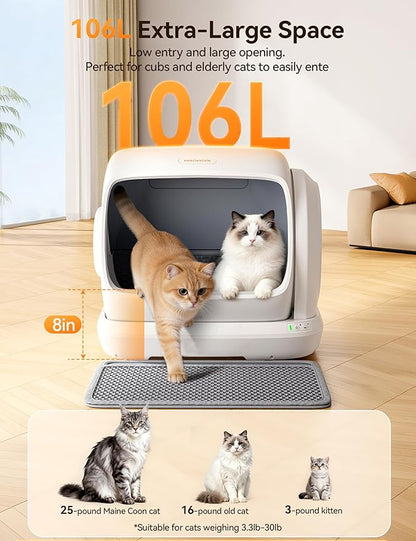 MeoWant Self-Cleaning Cat Litter Box, 106L Extra-Large Space Low Entrance Automatic Cat Litter Box Perfect for Multiple Cats, Safety Sensor, Anti-Pinch, APP Control, Odor Free with Mat & Liner