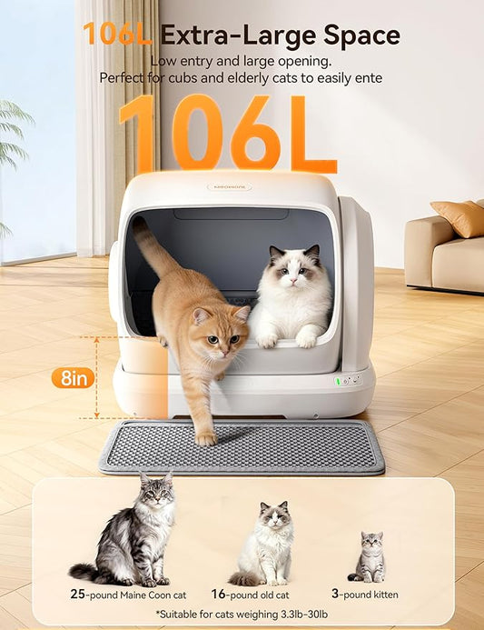 MeoWant Self-Cleaning Cat Litter Box, 106L Extra-Large Space Low Entrance Automatic Cat Litter Box Perfect for Multiple Cats, Safety Sensor, Anti-Pinch, APP Control, Odor Free with Mat & Liner