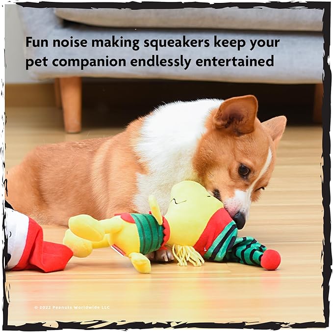 Peanuts for Pets 9 Inch Holiday Snoopy & Woodstock Big Head Plush Dog Toys with Squeaker | 2 Piece Squeaky Dog Toy Set, Santa Snoopy & Elf Woodstock Stuffed Plush Dog Toys