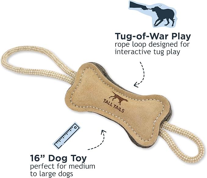 Tall Tails Dog Natural Leather Bone Rope Tug Toy for Dogs, 16 Inches