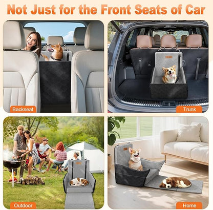 Elevated Dog Car Seat, Dog Booster Car Seats for Small & Medium Breeds Up to 35lbs, Fully Detachable and Washable, Memory Foam Pet Carseat with 2 Storage Pockets & 3 Safety Belts, Black & Gray