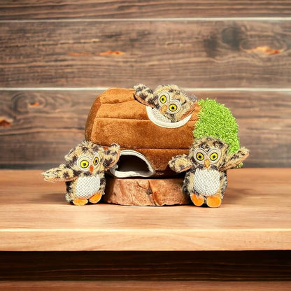 Glow Pups Dog Hide and Seek Toy, Interactive Burrow Dog Toy with Squeaker, Plush Owl in Tree for Small Dogs, Promotes Mental Stimulation, Woodland Style, Brown, 3-Pack