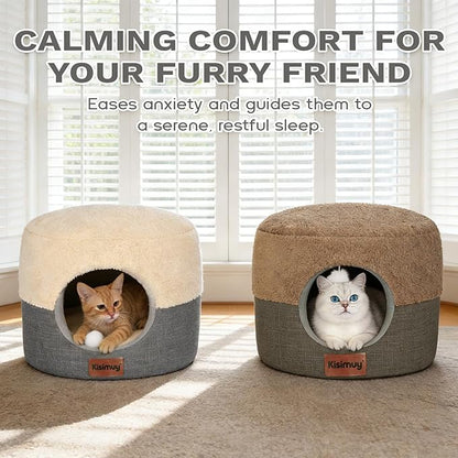 Cat Cave Bed, 2-in-1 Cat House & Lounge with Reversible Plush Cushion, Calming Anti-Anxiety Round Design for Indoor Cats, Kittens, Small Dogs & Puppies, Foldable Round Hideaway, 17.5 Inches