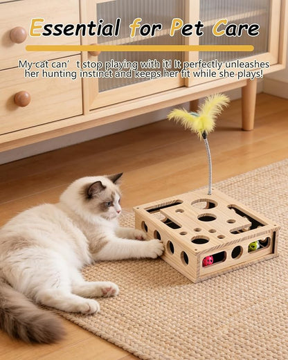 Cat Toys for Indoor Cats - Interactive Box Puzzle Toy Nail File Scratcher Hunting Play Toy with 3 Jingle Balls & 1 Feather Wand, Wooden Puzzle Treat Toy Box Energize Cat Instincts for Bored Cats