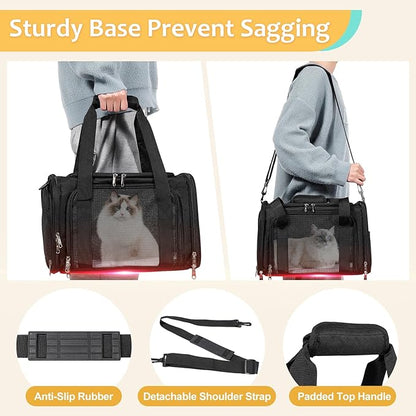 Discala Cat Dog Carrier Up to 15 Lbs TSA Airline Approved Pet Carrier for Small Medium Cats Puppies Dog Carriers for Small Dogs Collapsible Soft Sided Cat Travel Carrier - Black 15.7"x10.2"x10.2"