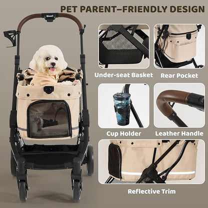 All-Terrain Dog Stroller for Small to Medium Dogs, Pet Stroller for Dogs & Cats Outdoor Walks, One-Hand Easy Fold, Double-Layer Anti-UV & Waterproof Canopy & Breathable Mesh, Vanilla Beige