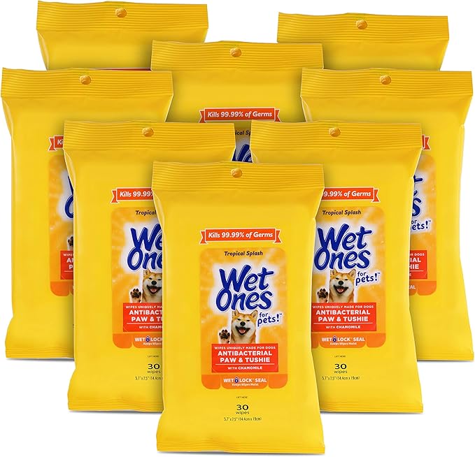Wet Ones for Pets Paw & Tushie Dog Wipes with Chamomile, Tropical Splash Scent - Cleansing Wipes for Paws and Butt Between Baths with Wet Lock Seal, 30 Count - 8 Pack