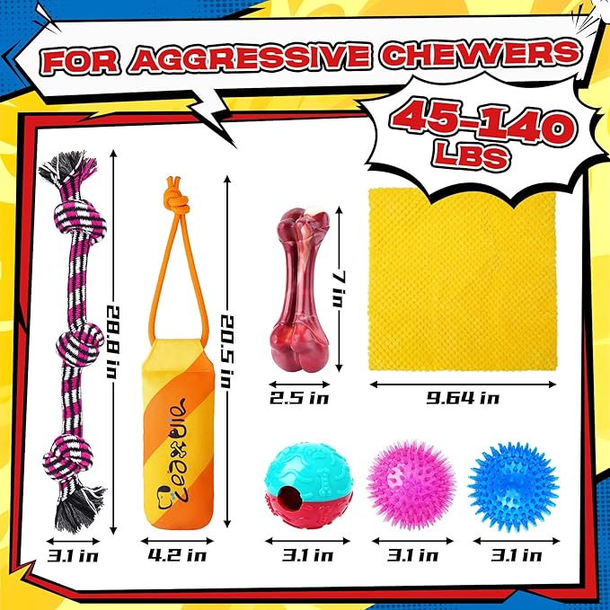 Zeaxuie 12 Pack Long-Lasting Heavy Various Dog Chew Toys Pack for Aggressive Chewers,Includes Dog Rope Toy,Squeaky Toys & Indestructible Chew Bone for Medium,Large & X-Large Breeds Dogs