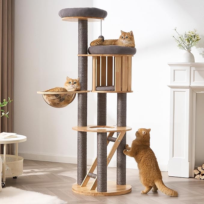 Modern Cat Tree Tower with Scratching Post, 61.5in Tall Cat Tree for Indoor Cats, Multi-Level Solid Wood Cat Furniture with Ladder, Cozy Cat Beds, Cat Condo, Capsule Nest, Dangling Toy, Gray
