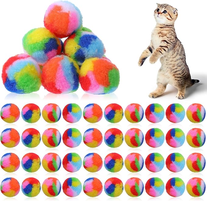 40 Pcs Soft Plush Cat Ball 1.7Inch Rainbow Pom Pom Cat Toy Balls Fuzzy Kitty Chase Yarn Puffs for Pet Interactive Playing Exercising Training Assorted Color Lightweight