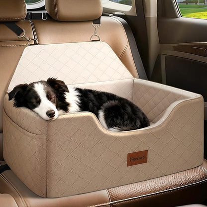 Dog Car Seat for Large-Medium Dogs: Pet Car Seat, Detachable Washable Dog Booster Seat, Pet Travel Bed with Storage Pockets and Dogs Safety Belt (Coffee, Large)