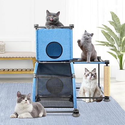 Large Cat Hamock Bed with Scratching Post – Multi-Level Cat Tree with House Condos & Ladder for Indoor/Outdoor Use+Blue/Two-Tier