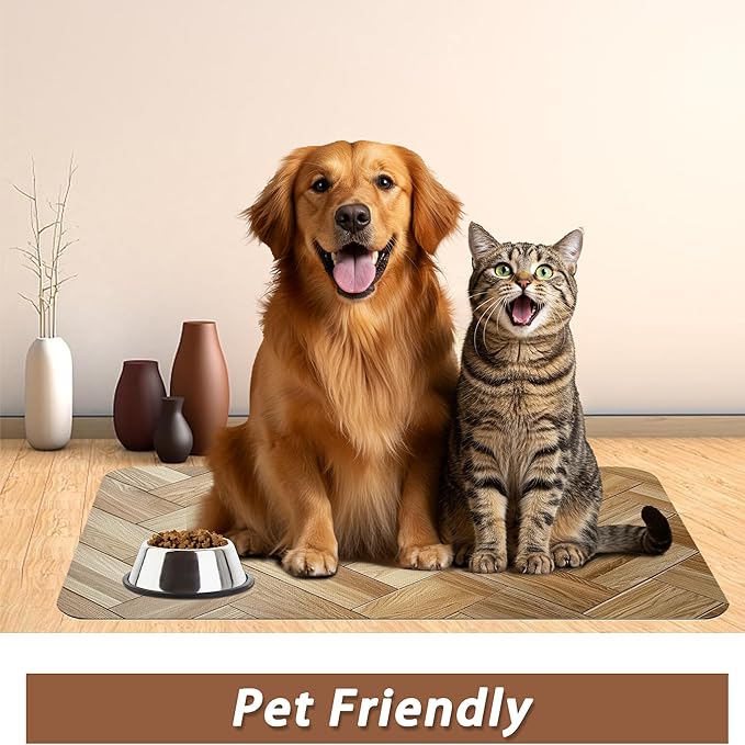 Vintage Wooden Dog Cat Food Mat,Boho Absorbent Pet Feeding Mat for Food and Water,Non-Slip Dog Bowl Mats Floor Protector 16"x24"