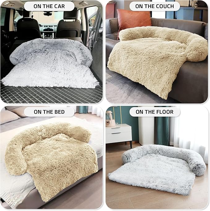 Calming Dog Bed Fluffy Plush Dog Mat for Furniture Protector with Removable Washable Cover for Large Medium Small Dogs and Cats (Small(35x31x5),Beige)