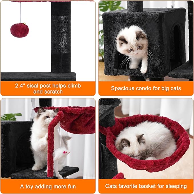 Heybly Cat Tree with Toy, Cat Tower Condo for Indoor Cats, Cat House with Padded Plush Perch, Cozy Hammock and Sisal Scratching Posts, Black and Red HCT004SBR