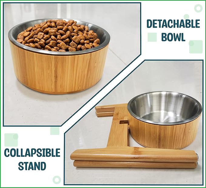 Elevated Dog Bowl for Mid-Large Breed, (12-Inch High) - Raised Food and Water Bowl with Stand, Flip-Resistant - Real Bamboo and Stainless Steel
