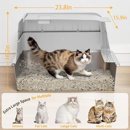 Stainless Steel Litter Box - XL Extra Large Cat Litter Box with Lid, Enclosed Metal Litter Pan with High Sided Enclosure & Scoop, Anti Leakage, Easy to Clean, Odor Control (White)