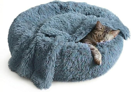 Whiskers & Friends Cat Bed, Cat Beds for Indoor Cats Washable, Orthopedic Soft Fluffy Round Calming Pet Bed for Small to Large Kitty Kittens & Small Dogs - Navy Grey-C - 23.00" x 23.00" x 7.00"