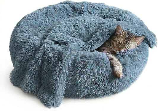 Whiskers & Friends Cat Bed, Cat Beds for Indoor Cats Washable, Orthopedic Soft Fluffy Round Calming Pet Bed for Small to Large Kitty Kittens & Small Dogs - Navy Grey-C - 23.00" x 23.00" x 7.00"