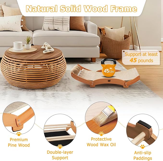Extra-Larger Sisal Cat Scratcher Bed with Ball, 3-in-1 Cat Scratching Pad with Hammock, Natural Sisal with Solid Wood Frame Cat Scratch Post for Indoor Cats Lounger & Sleep & Scratch
