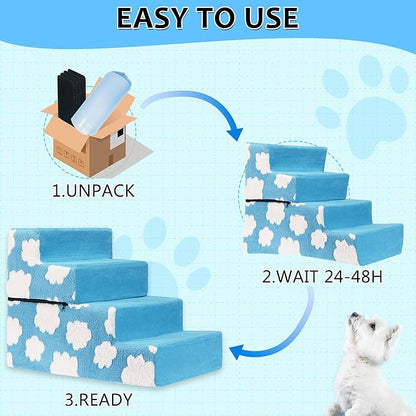 Pet Stairs for Small Dog Stairs for Sofa and Bed High Density Foam Stairs Pet Ladder with Removable Washable Cover Non-Slip Base(4 Steps Blue)