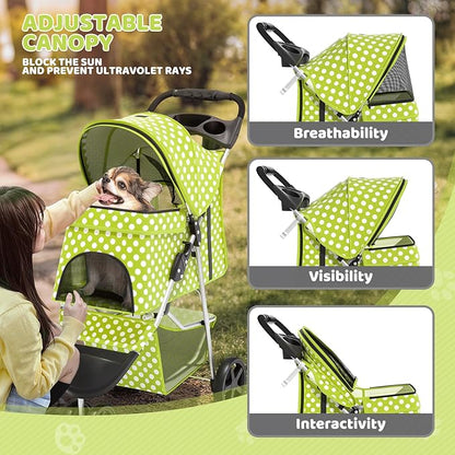 Magshion 3-Wheel Pet Stroller, Foldable Travel Jogger for Small & Medium Dogs & Cats (Up to 33lbs), Lightweight Carrier with Breathable Mesh Cover, Cup Holder & Storage Basket, Lawn Green Polka Dots
