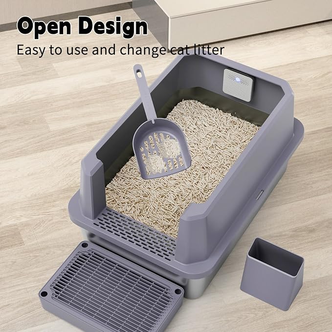 RIZZARI Stainless Steel Litter Box for Cats: Gray Leakproof Open Top Tray - Teflon Non-Stick Coating - Large Size Odor Control for Cats Under 20 lbs - with Deodorizer - 2 Pack