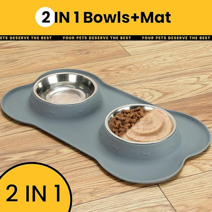Medium Pet Feeding Station, 29oz Stainless Steel Dog Bowls Set, No Spill Food & Water Dishes with Non Slip Silicone Mat for Breeds Up to 55 Lbs, Grey