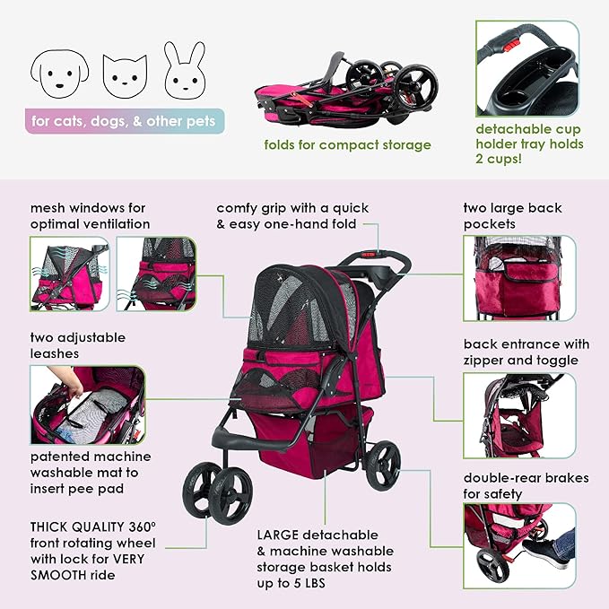 Petique Durable Pet Stroller, Easy Fold, Quality mesh Windows, Large Storage Basket, Secure Cup Holder Tray, for Small to Medium Dog, Cat, Bunny, Supports Pets up to 55LBS - RAZZBERRY