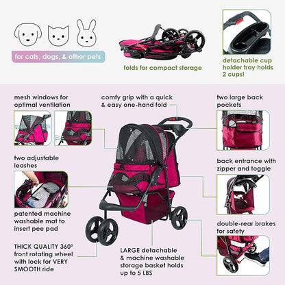 Petique Durable Pet Stroller, Easy Fold, Quality mesh Windows, Large Storage Basket, Secure Cup Holder Tray, for Small to Medium Dog, Cat, Bunny, Supports Pets up to 55LBS - RAZZBERRY
