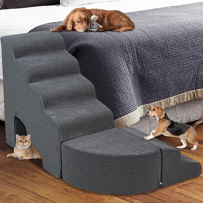 Dog Stairs for High Beds up to 30-36inch, A.FATI 6 Tiers Dog Steps Pet Stairs Adjust to Left Side of Bed, Non-Slip Pet Ramp for Small Dogs/Old Pets